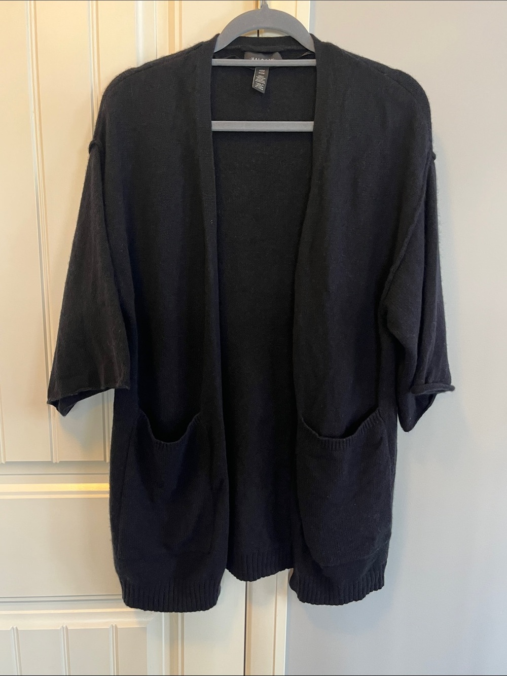 Halogen 100% Cashmere Open Front 3/4 Sleeve Cardigan Sweater with Pockets Black